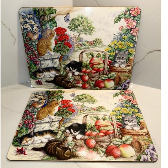 Set of 2 Cork Backed Playful Kitten Garden Table Mats Creative Tops - Picture 1 of 7